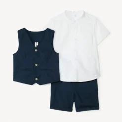 Ensemble court 3 pièces chemise manches courtes + gilet + bermuda pour bébé garçon