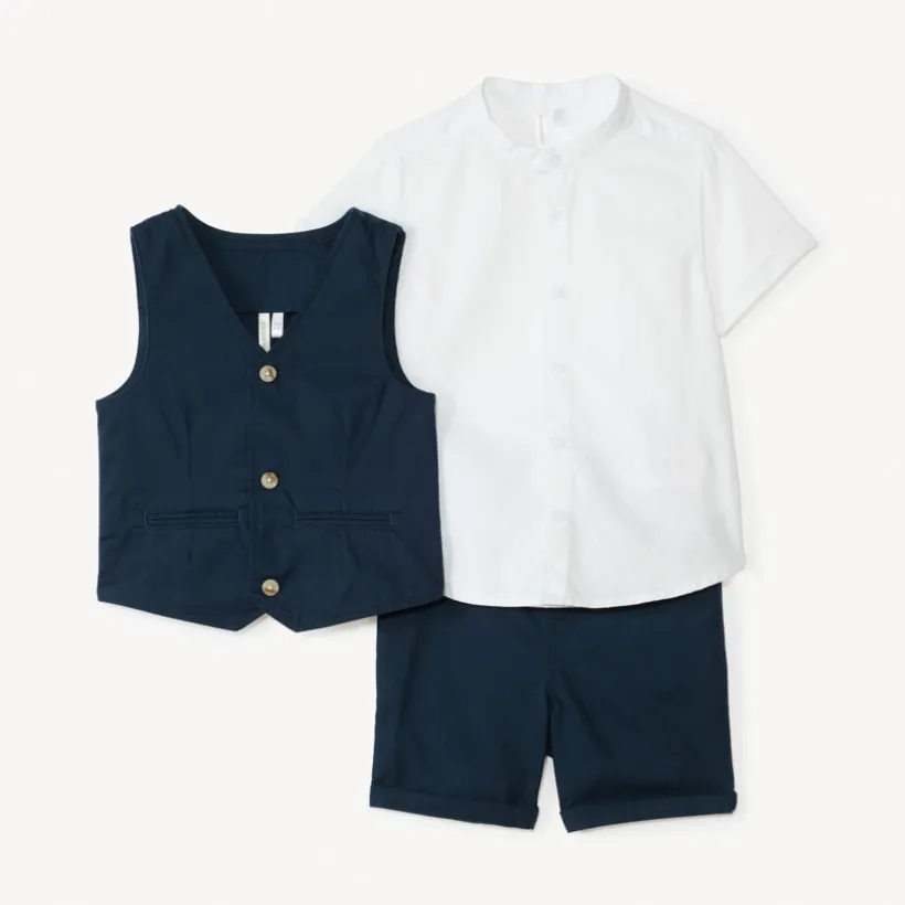 Ensemble court 3 pièces chemise manches courtes + gilet + bermuda pour bébé garçon