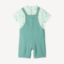 Ensemble court 2 pièces chemise col mao et salopette pour bébé garçon