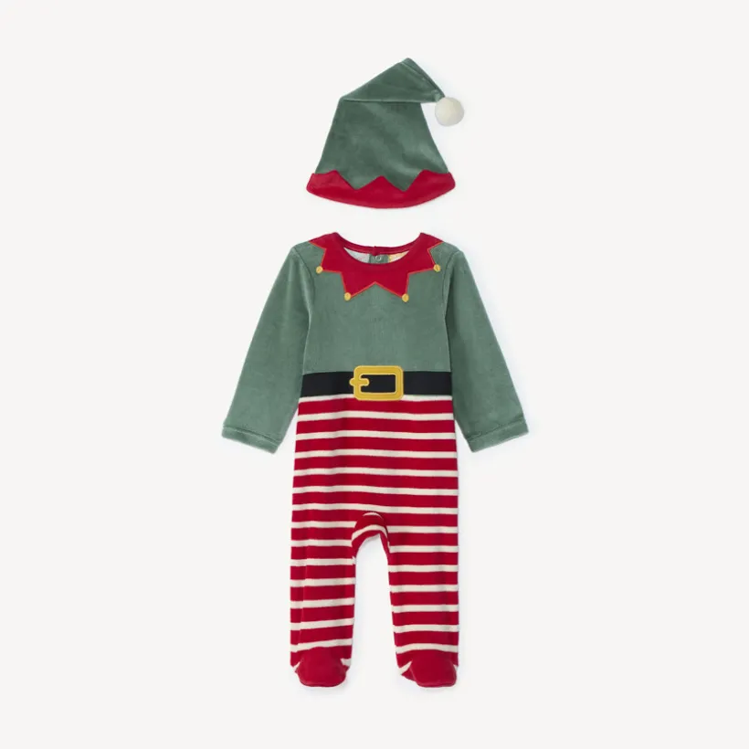 Ensemble ludique dors-bien lutin de Noël + bonnet en velours pour bébé