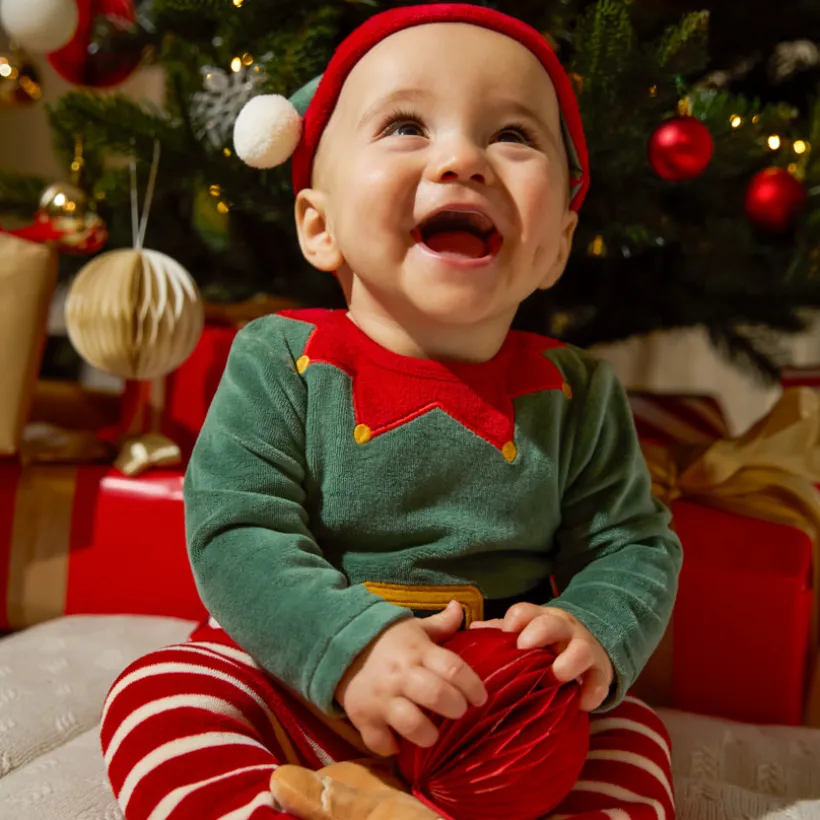 Ensemble ludique dors-bien lutin de Noël + bonnet en velours pour bébé