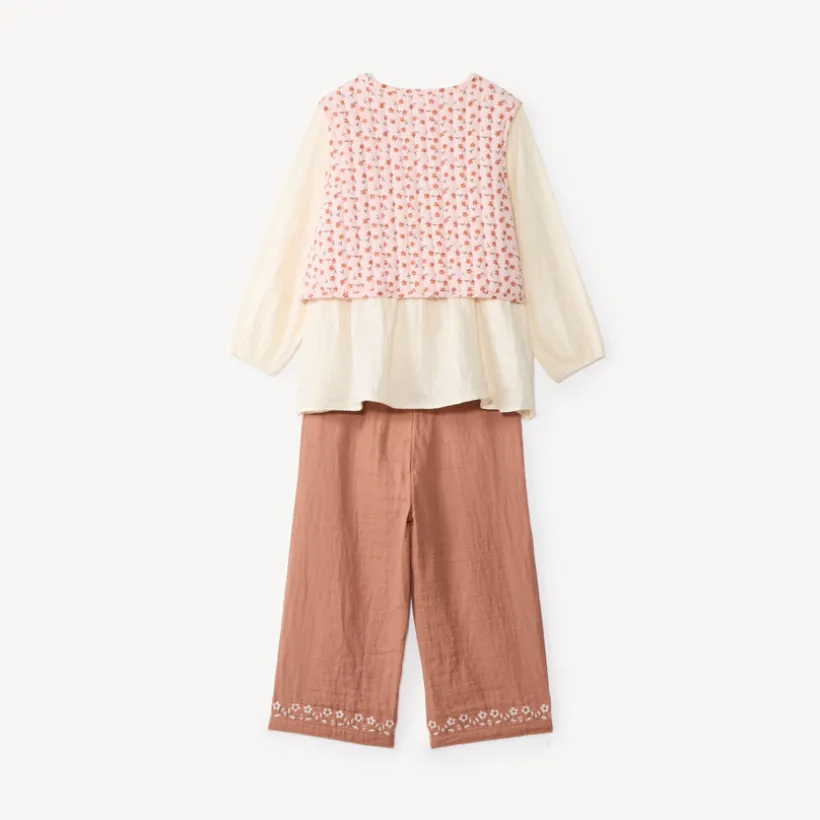 Ensemble 3 pièces bébé fille tunique + pantalon + gilet sans manches fleuris