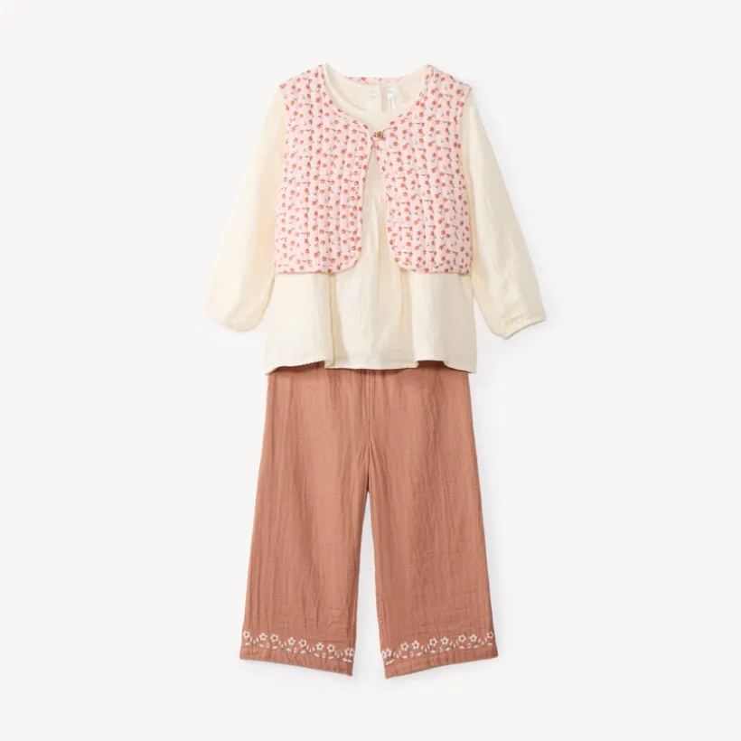 Ensemble 3 pièces bébé fille tunique + pantalon + gilet sans manches fleuris