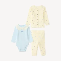 Ensemble 3 pièces Body col claudine + gilet + pantalon imprimé papillons pour bébé fille