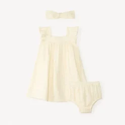 Ensemble 3 pièces robe + bloomers + bandeau en gaze de coton pour bébé fille