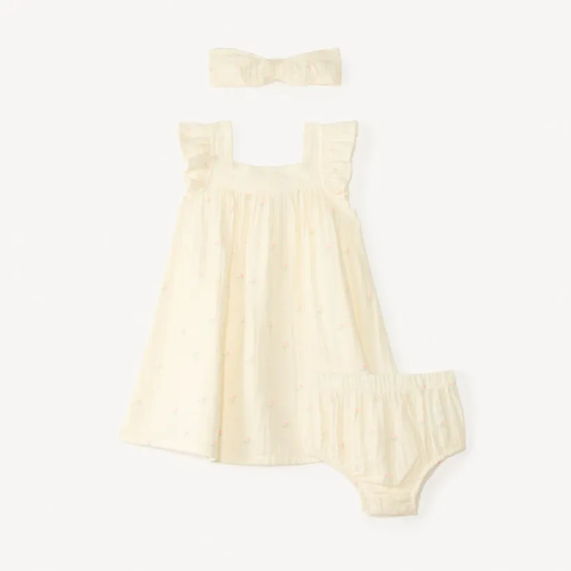 Ensemble 3 pièces robe + bloomers + bandeau en gaze de coton pour bébé fille