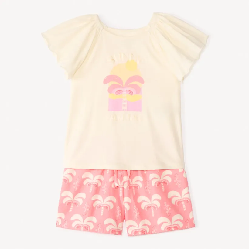 Ensemble 2 pièces t-shirt manches courtes + short motifs palmier pour fille