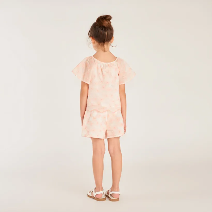 Ensemble 2 pièces t-shirt + short en broderie fleurie bicolore pour fille