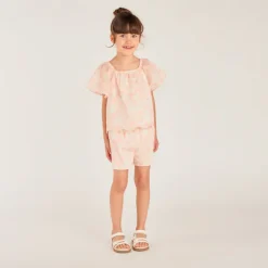 Ensemble 2 pièces t-shirt + short en broderie fleurie bicolore pour fille