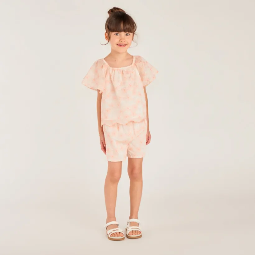 Ensemble 2 pièces t-shirt + short en broderie fleurie bicolore pour fille