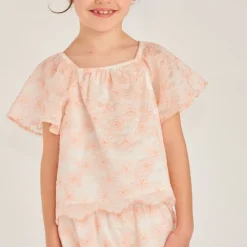 Ensemble 2 pièces t-shirt + short en broderie fleurie bicolore pour fille