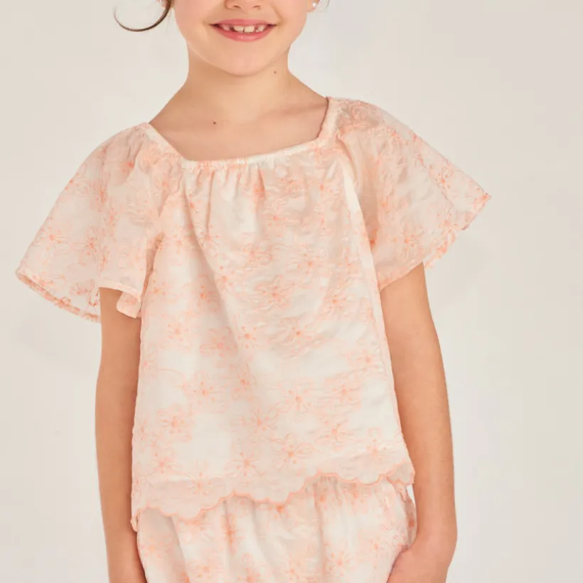 Ensemble 2 pièces t-shirt + short en broderie fleurie bicolore pour fille