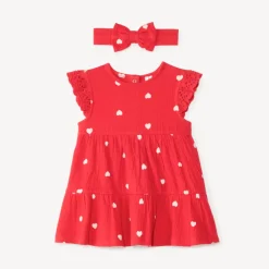 Ensemble robe manches courtes + bandeau imprimé cœurs pour bébé fille