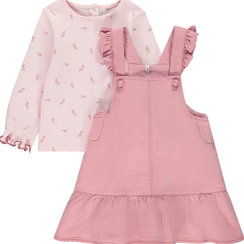 Ensemble robe salopette uni rose + t-shirt fantaisie pour bébé fille
