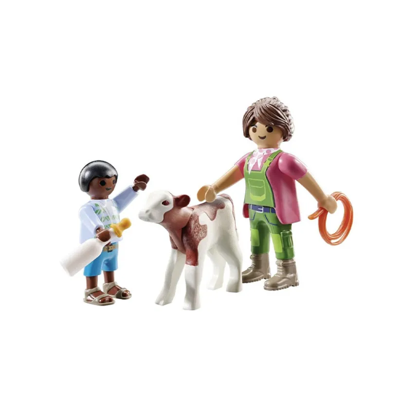 Fermière et enfant avec veau