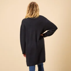 Gilet long uni en tricot avec poches pour femme