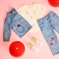 Jean droit à rayures broderie fleurs pour bébé fille