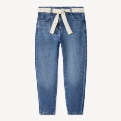 Jean en denim coupe mom fit avec ceinture foulard fantaisie pour fille
