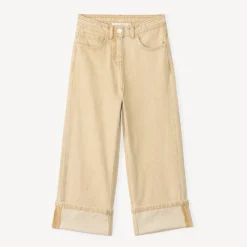 Jean en denim uni évasé avec revers fixés pour fille