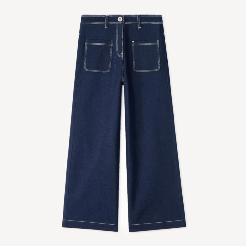 Jean fille coupe large uni avec poches plaquées
