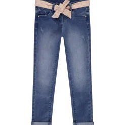 Jean slim effet usé avec ceinture foulard à nouer pour fille