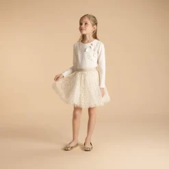 Jupe courte en tulle brodé et taille pailletée pour fille