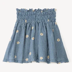 Jupe fille vichy smockée et broderie fleurie