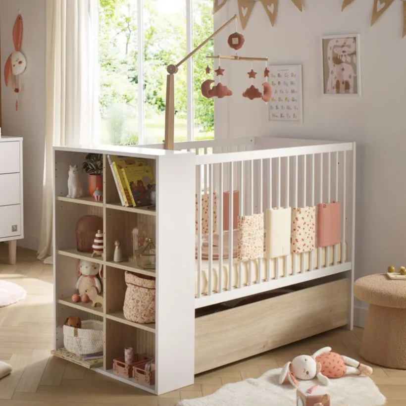 Lit bébé transformable 120 x 60 cm avec étagère Paloma blanc