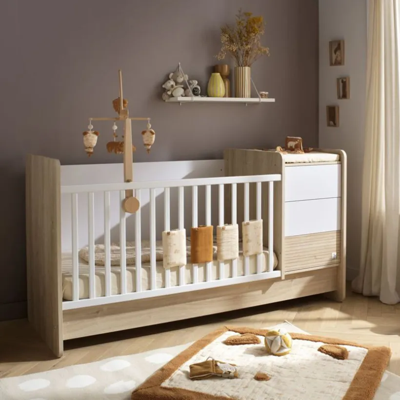 Lit combiné évolutif 70 x 140 cm + commode à langer Paloma aspect chêne sépia/blanc