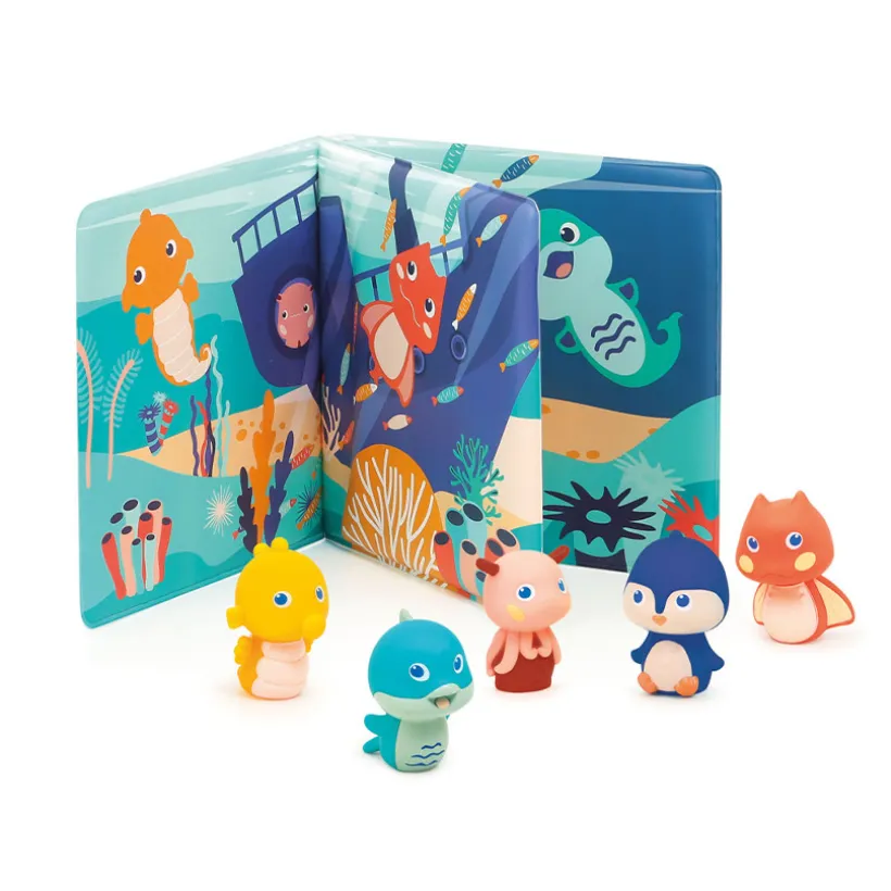 Livre de bain avec ses 5 marionnettes d'animaux marins