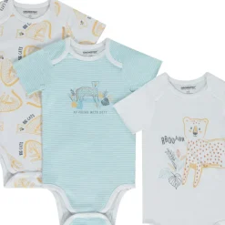Lot de 7 bodies manches courtes motifs félins pour bébé garçon avec ouvertures différentes selon l'âge