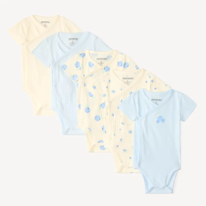 Lot de 5 bodies motifs myrtilles pour bébé fille avec ouvertures différentes selon l'âge