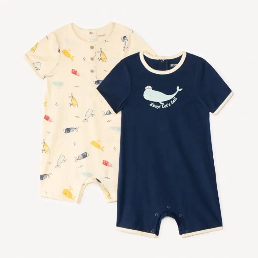 Lot de 2 combinaisons courtes en maille motifs baleines pour bébé garçon