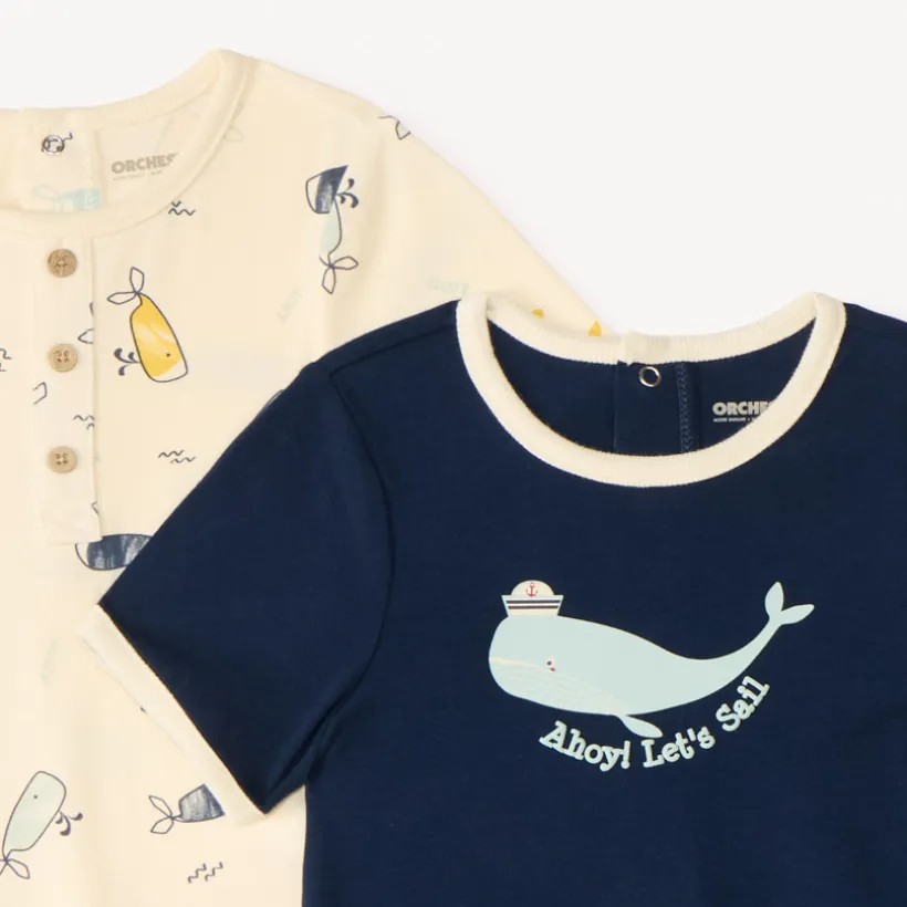 Lot de 2 combinaisons courtes en maille motifs baleines pour bébé garçon