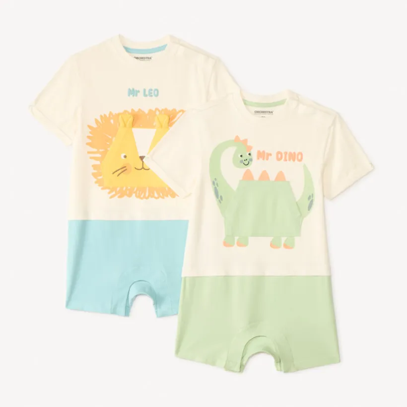 Lot de 2 combinaisons courtes en maille motifs animaux pour bébé garçon