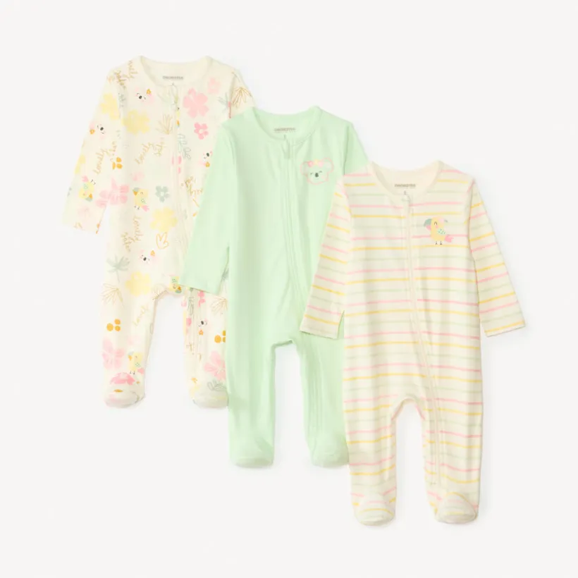 Lot de 3 dors-bien manches longues zippés devant motifs fantaisie pour bébé fille