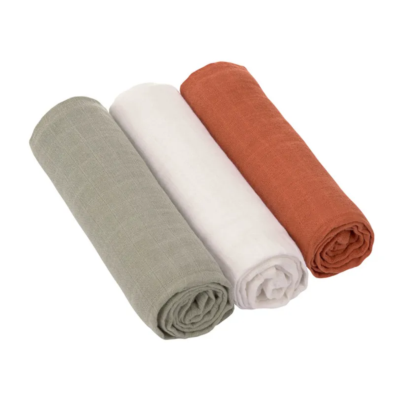 Lot de 3 langes en mousseline rouille/olive/blanc