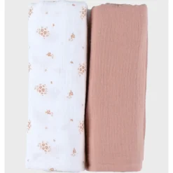 Lot de 2 langes 100x100cm Mousseline de coton bio Fleurs D'Antan