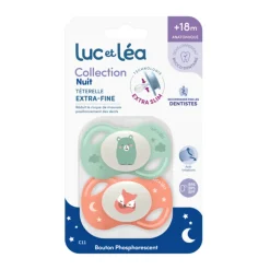 Lot de 2 sucettes silicone Extra-fines Nuit 18M+ ours/renard