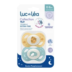 Lot de 2 sucettes silicone Extra-fines Nuit 0-6M chien/mouton