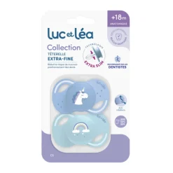 Lot de 2 sucettes silicone Extra-fines 18M+ licorne/arc-en-ciel
