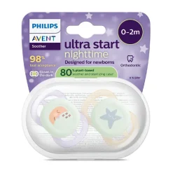 Lot de 2 sucettes silicone 0-2M Ultra Start nuit décorées