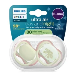 Lot de 2 sucettes silicone 6-18M Ultra Air jour/nuit mix