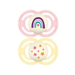 Lot de 2 sucettes silicone Perfect Nuit 18M+ tendance (modèle aléatoire)