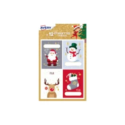 Lot de 12 étiquettes de Noël Bonhomme de neige/Père-Noël