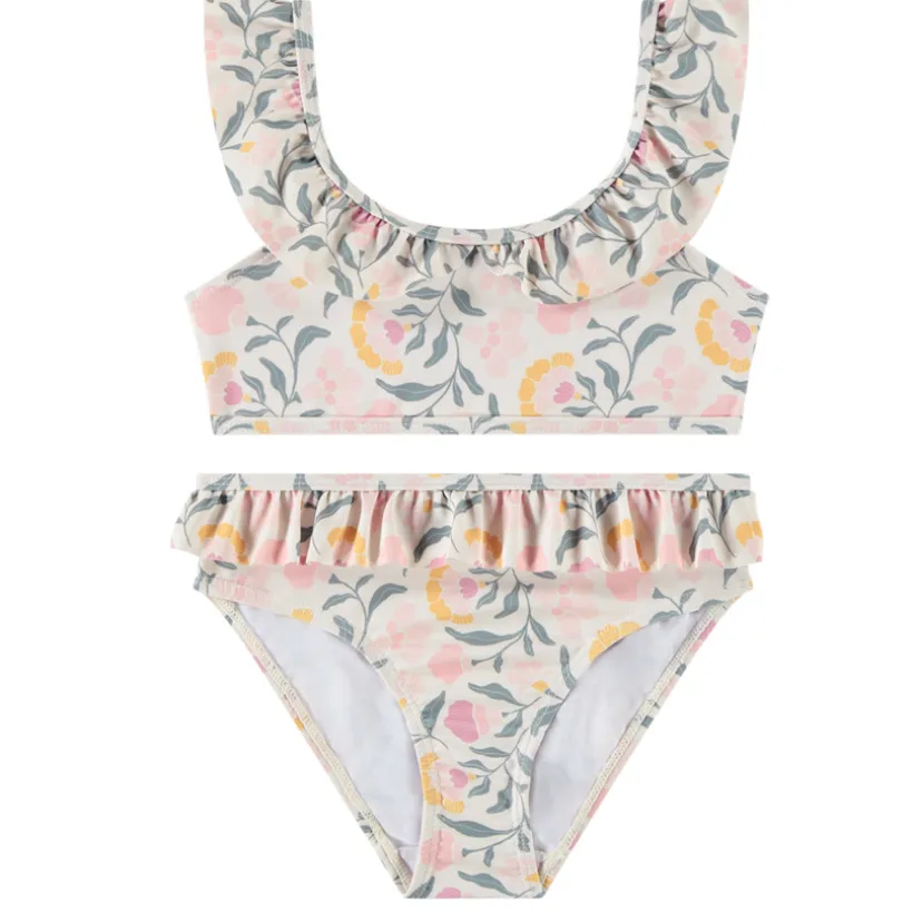 Maillot de bain 2 pièces imprimées fleurs à volants pour fille