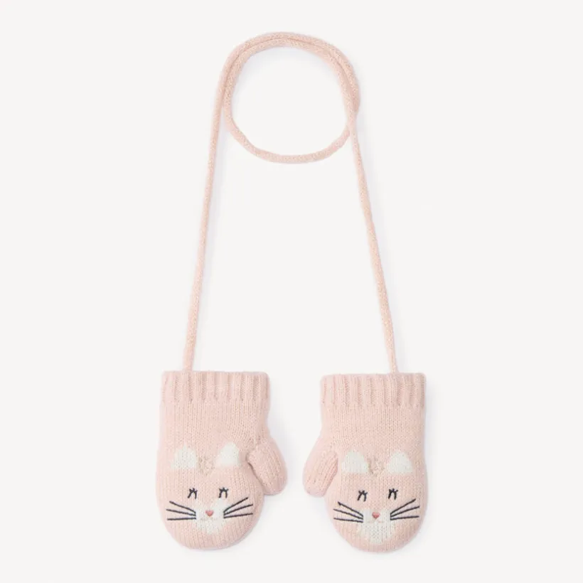 Moufles reliées motif chat en tricot pour bébé fille