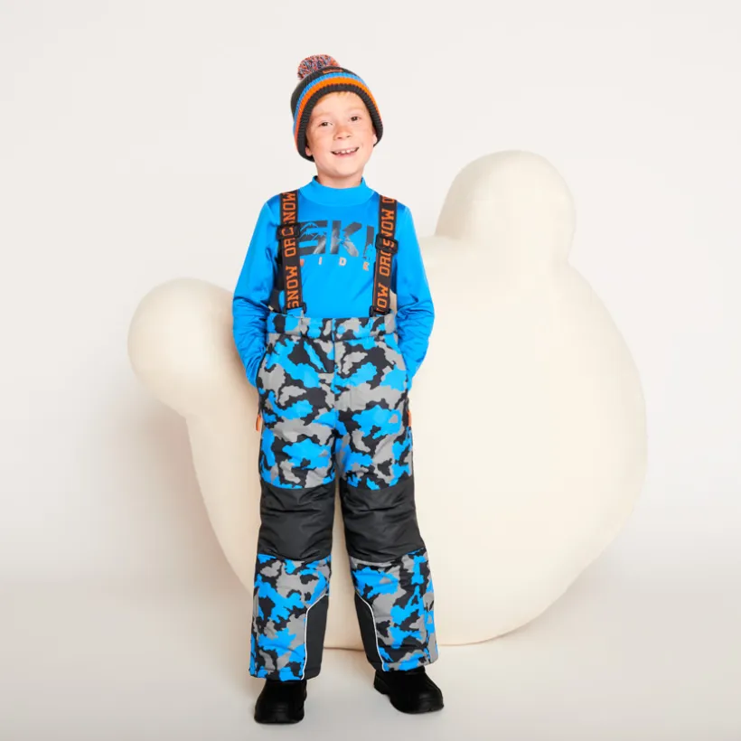 Pantalon de ski imprimé camouflage à bretelles amovibles pour garçon