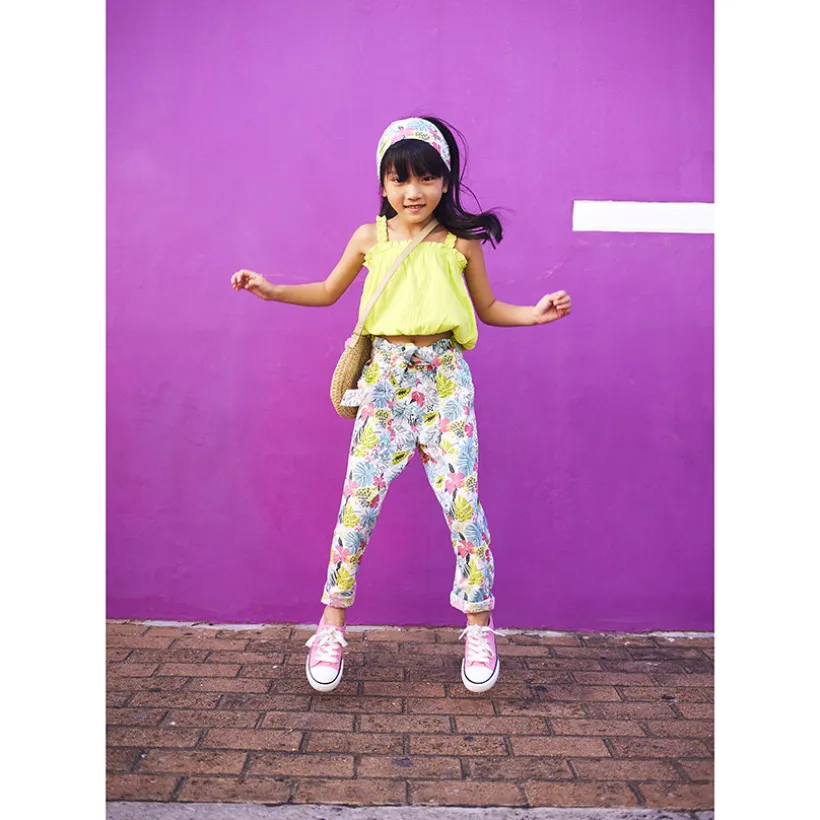 Pantalon imprimé tropical et ceinture à nouer pour fille