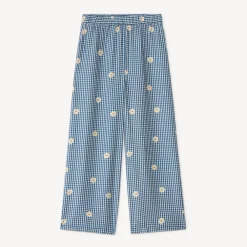 Pantalon large vichy et broderie fleurie pour fille